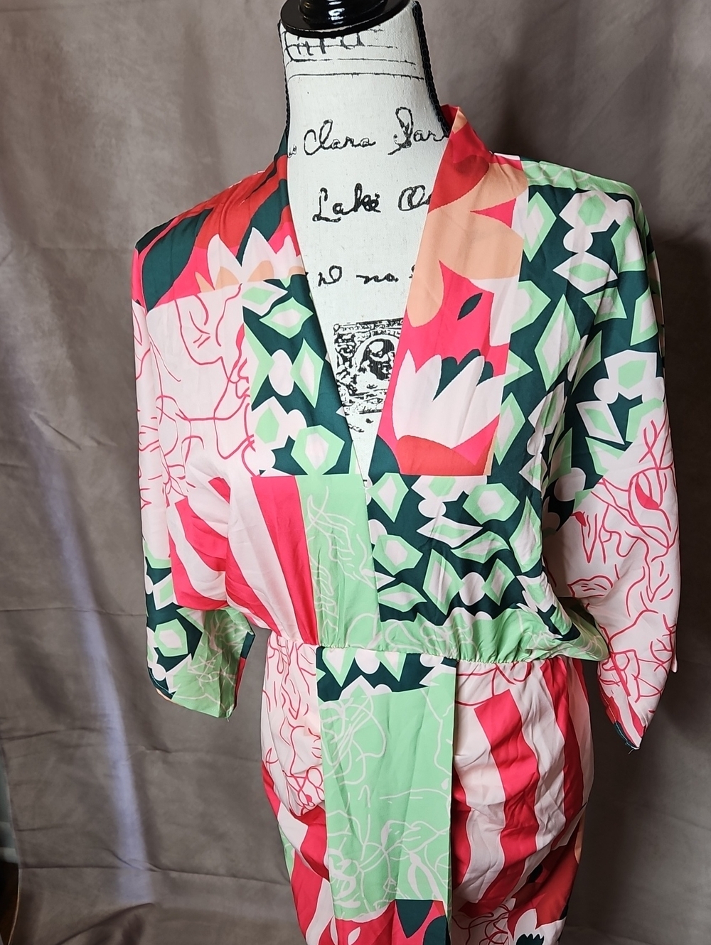 SHEIN Kimono Style Midi Dress Pink/Green Size Small - Picture 2 of 7